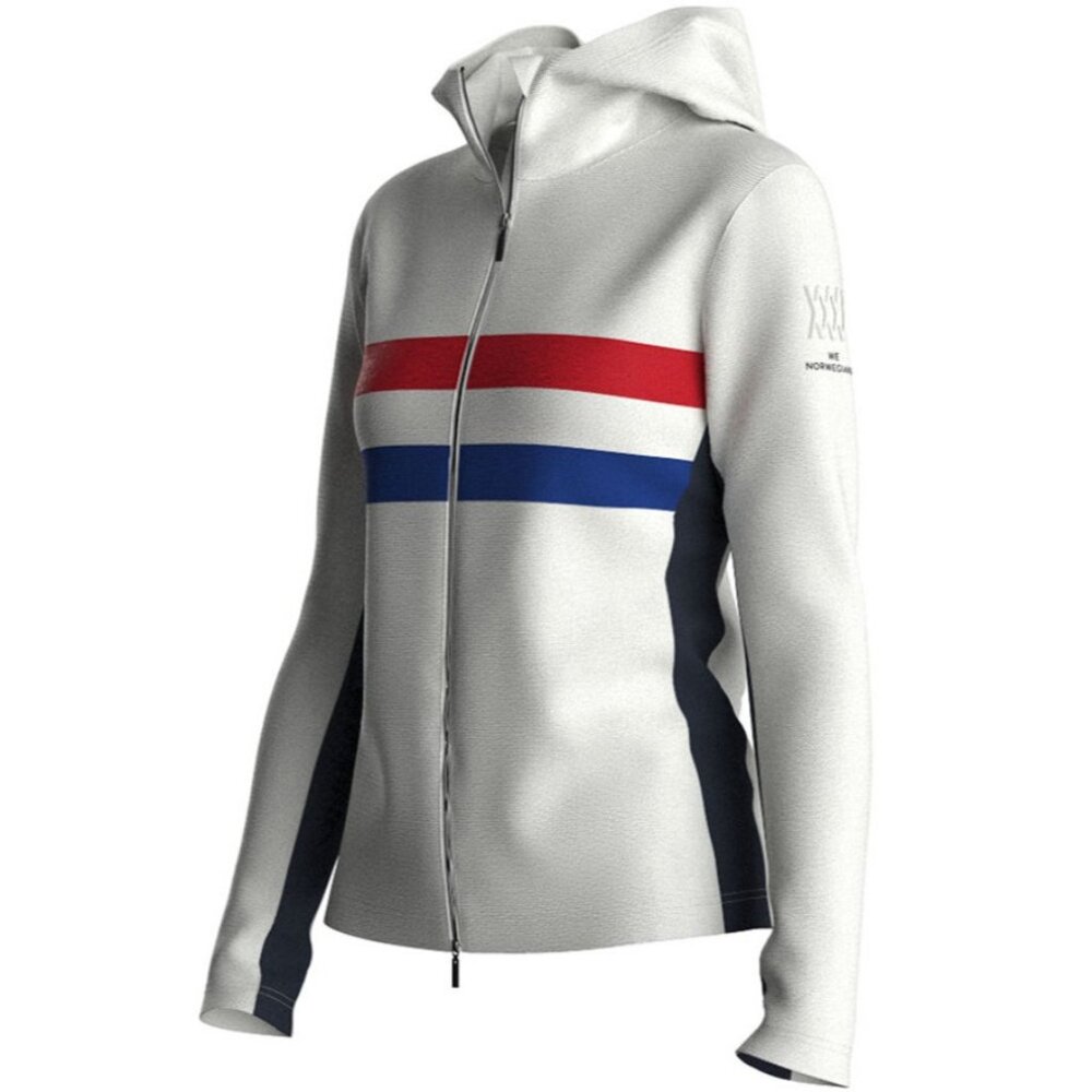 We Norwegians Womens Ski Full Zip Hoodie Wool Blend Cream Red Blue Stripes Small